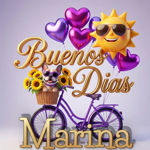 Bicicleta morada con cesta de girasoles y perrito, globos corazón, sol sonriente, nombre grande dorado abajo. Nombre personalizado: Marina.