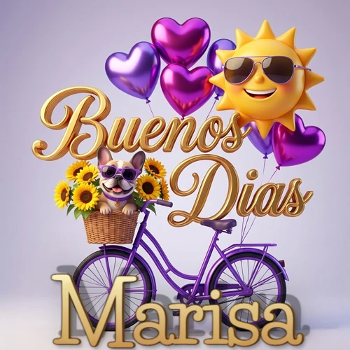 Bicicleta morada con cesta de girasoles y perrito, globos corazón, sol sonriente, nombre grande dorado abajo. Nombre personalizado: Marisa.