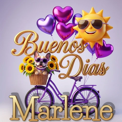 Bicicleta morada con cesta de girasoles y perrito, globos corazón, sol sonriente, nombre grande dorado abajo. Nombre personalizado: Marlene.