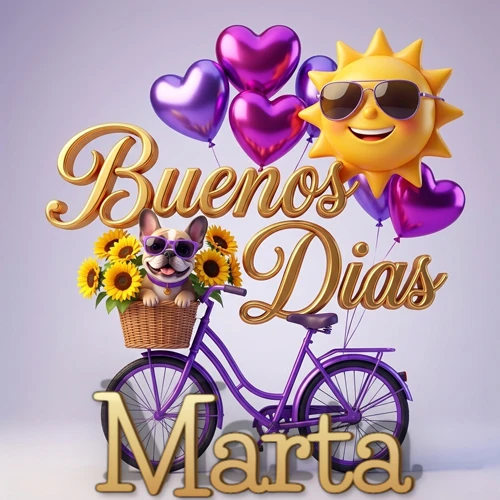 Bicicleta morada con cesta de girasoles y perrito, globos corazón, sol sonriente, nombre grande dorado abajo. Nombre personalizado: Marta.