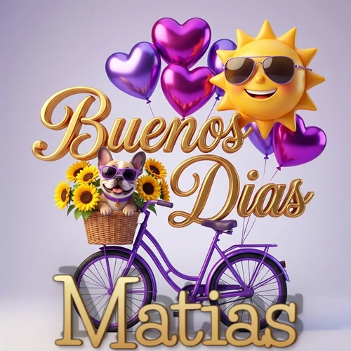 Bicicleta morada con cesta de girasoles y perrito, globos corazón, sol sonriente, nombre grande dorado abajo. Nombre personalizado: Matias.