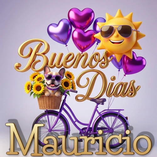 Bicicleta morada con cesta de girasoles y perrito, globos corazón, sol sonriente, nombre grande dorado abajo. Nombre personalizado: Mauricio. Bicicleta morada con cesta de girasoles y perrito, globos corazón, sol sonriente, nombre grande dorado abajo. Nombre personalizado: Mauricio.