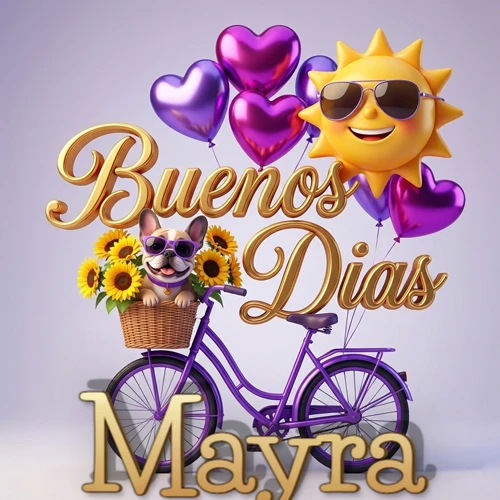 Bicicleta morada con cesta de girasoles y perrito, globos corazón, sol sonriente, nombre grande dorado abajo. Nombre personalizado: Mayra.