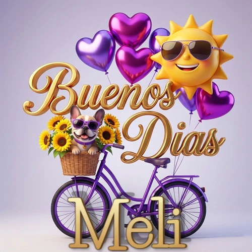 Bicicleta morada con cesta de girasoles y perrito, globos corazón, sol sonriente, nombre grande dorado abajo. Nombre personalizado: Meli.