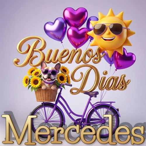 Bicicleta morada con cesta de girasoles y perrito, globos corazón, sol sonriente, nombre grande dorado abajo. Nombre personalizado: Mercedes.