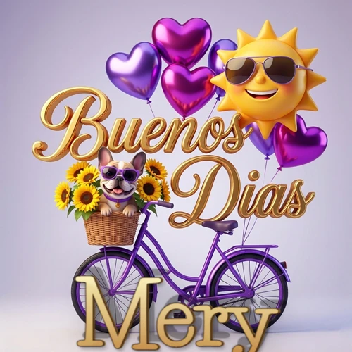 Bicicleta morada con cesta de girasoles y perrito, globos corazón, sol sonriente, nombre grande dorado abajo. Nombre personalizado: Mery.