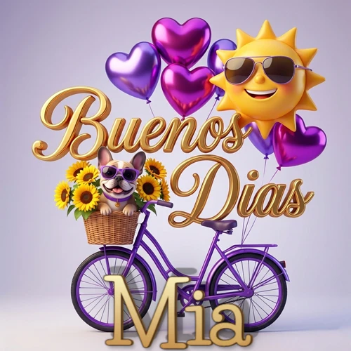 Bicicleta morada con cesta de girasoles y perrito, globos corazón, sol sonriente, nombre grande dorado abajo. Nombre personalizado: Mia.