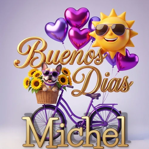 Bicicleta morada con cesta de girasoles y perrito, globos corazón, sol sonriente, nombre grande dorado abajo. Nombre personalizado: Michel.