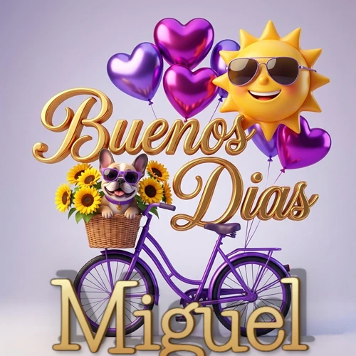 Bicicleta morada con cesta de girasoles y perrito, globos corazón, sol sonriente, nombre grande dorado abajo. Nombre personalizado: Miguel.