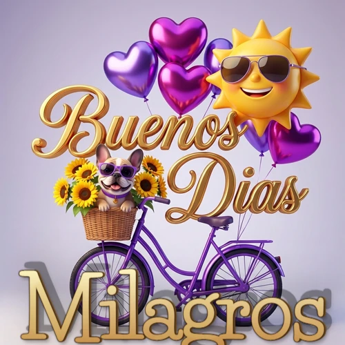 Bicicleta morada con cesta de girasoles y perrito, globos corazón, sol sonriente, nombre grande dorado abajo. Nombre personalizado: Milagros.