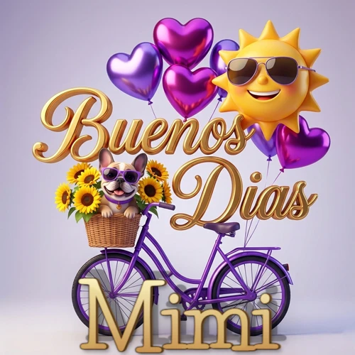 Bicicleta morada con cesta de girasoles y perrito, globos corazón, sol sonriente, nombre grande dorado abajo. Nombre personalizado: Mimi.