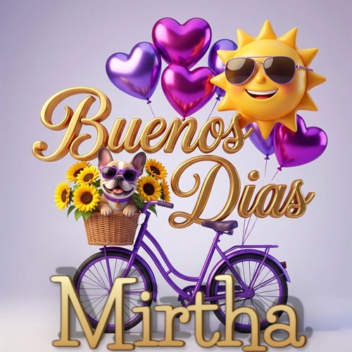 Bicicleta morada con cesta de girasoles y perrito, globos corazón, sol sonriente, nombre grande dorado abajo. Nombre personalizado: Mirtha.