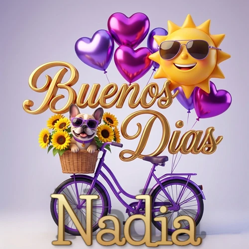 Bicicleta morada con cesta de girasoles y perrito, globos corazón, sol sonriente, nombre grande dorado abajo. Nombre personalizado: Nadia.
