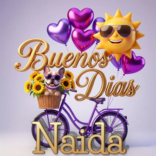 Bicicleta morada con cesta de girasoles y perrito, globos corazón, sol sonriente, nombre grande dorado abajo. Nombre personalizado: Naida. Bicicleta morada con cesta de girasoles y perrito, globos corazón, sol sonriente, nombre grande dorado abajo. Nombre personalizado: Naida.