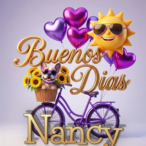 Bicicleta morada con cesta de girasoles y perrito, globos corazón, sol sonriente, nombre grande dorado abajo. Nombre personalizado: Nancy.