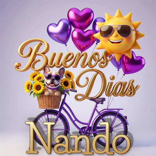 Bicicleta morada con cesta de girasoles y perrito, globos corazón, sol sonriente, nombre grande dorado abajo. Nombre personalizado: Nando.