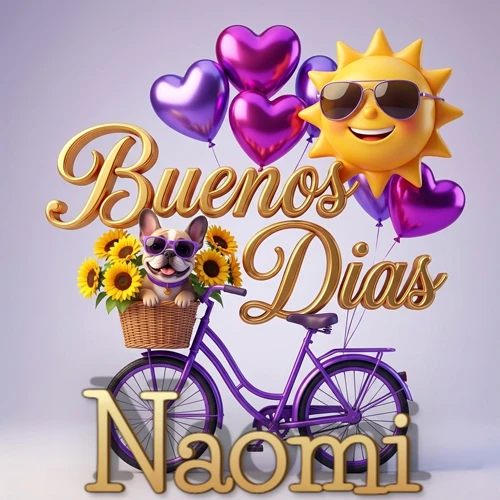 Bicicleta morada con cesta de girasoles y perrito, globos corazón, sol sonriente, nombre grande dorado abajo. Nombre personalizado: Naomi.