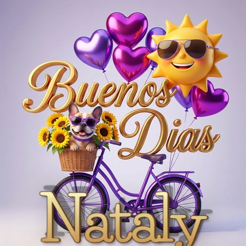 Bicicleta morada con cesta de girasoles y perrito, globos corazón, sol sonriente, nombre grande dorado abajo. Nombre personalizado: Nataly.