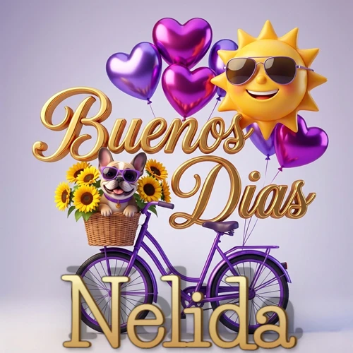 Bicicleta morada con cesta de girasoles y perrito, globos corazón, sol sonriente, nombre grande dorado abajo. Nombre personalizado: Nelida.