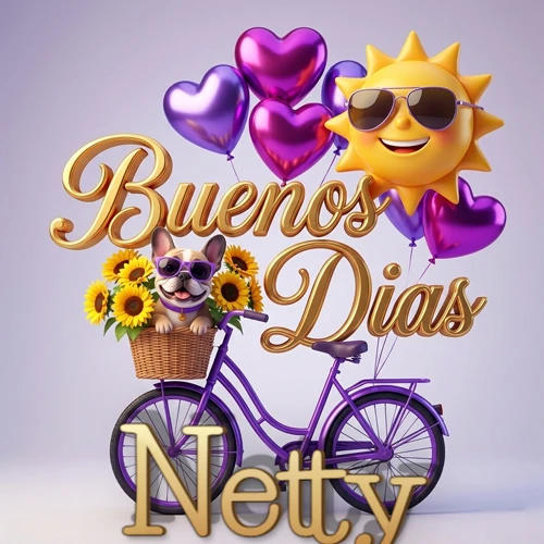 Bicicleta morada con cesta de girasoles y perrito, globos corazón, sol sonriente, nombre grande dorado abajo. Nombre personalizado: Netty.