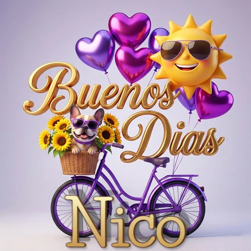 Bicicleta morada con cesta de girasoles y perrito, globos corazón, sol sonriente, nombre grande dorado abajo. Nombre personalizado: Nico.