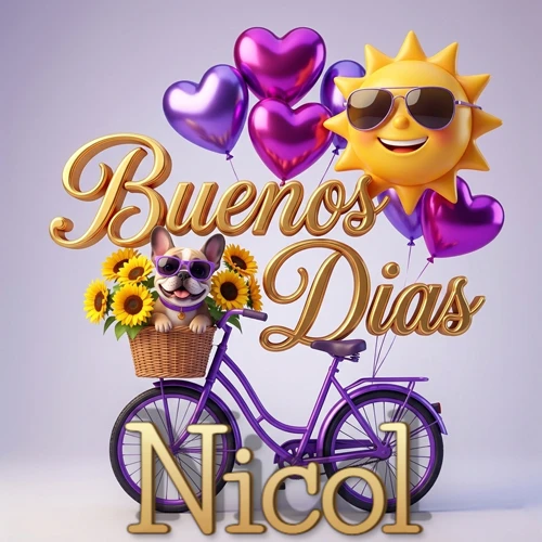 Bicicleta morada con cesta de girasoles y perrito, globos corazón, sol sonriente, nombre grande dorado abajo. Nombre personalizado: Nicol. Bicicleta morada con cesta de girasoles y perrito, globos corazón, sol sonriente, nombre grande dorado abajo. Nombre personalizado: Nicol.