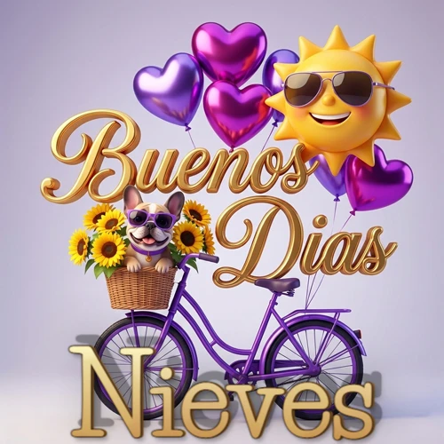 Bicicleta morada con cesta de girasoles y perrito, globos corazón, sol sonriente, nombre grande dorado abajo. Nombre personalizado: Nieves.