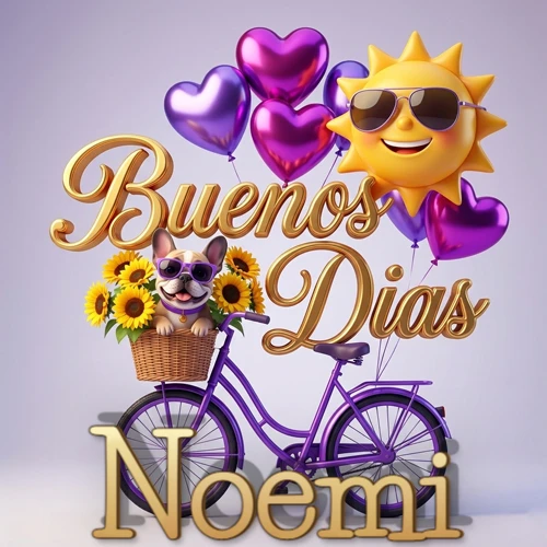 Bicicleta morada con cesta de girasoles y perrito, globos corazón, sol sonriente, nombre grande dorado abajo. Nombre personalizado: Noemi.