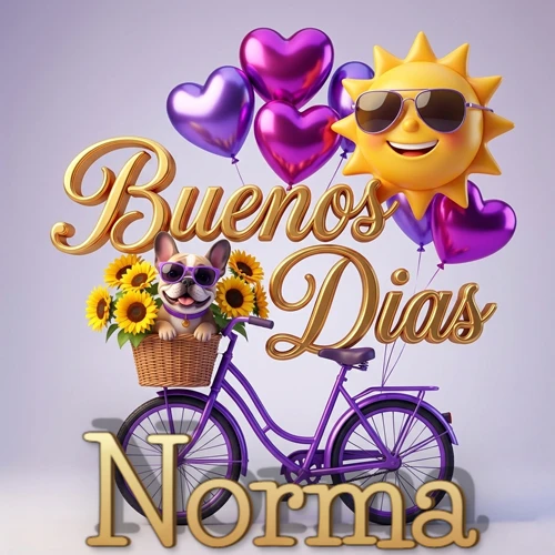 Bicicleta morada con cesta de girasoles y perrito, globos corazón, sol sonriente, nombre grande dorado abajo. Nombre personalizado: Norma.