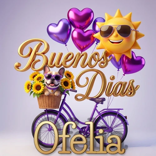 Bicicleta morada con cesta de girasoles y perrito, globos corazón, sol sonriente, nombre grande dorado abajo. Nombre personalizado: Ofelia.
