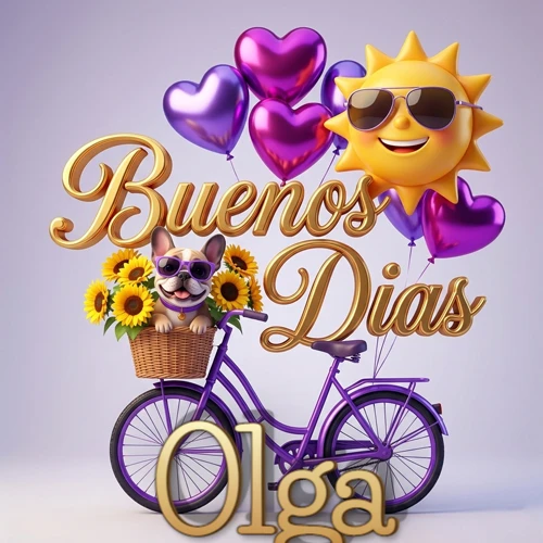 Bicicleta morada con cesta de girasoles y perrito, globos corazón, sol sonriente, nombre grande dorado abajo. Nombre personalizado: Olga.