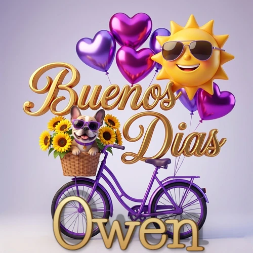 Bicicleta morada con cesta de girasoles y perrito, globos corazón, sol sonriente, nombre grande dorado abajo. Nombre personalizado: Owen.