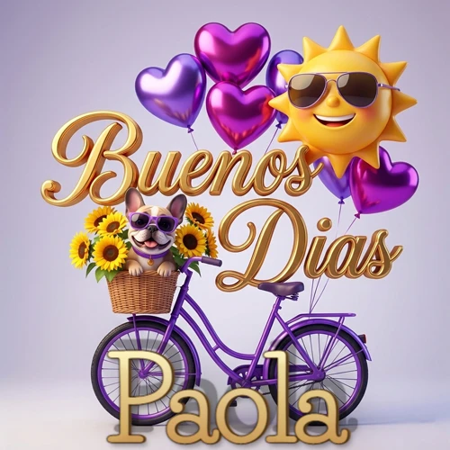 Bicicleta morada con cesta de girasoles y perrito, globos corazón, sol sonriente, nombre grande dorado abajo. Nombre personalizado: Paola.
