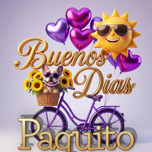 Bicicleta morada con cesta de girasoles y perrito, globos corazón, sol sonriente, nombre grande dorado abajo. Nombre personalizado: Paquito.