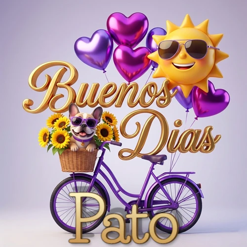 Bicicleta morada con cesta de girasoles y perrito, globos corazón, sol sonriente, nombre grande dorado abajo. Nombre personalizado: Pato.