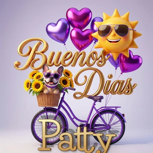 Bicicleta morada con cesta de girasoles y perrito, globos corazón, sol sonriente, nombre grande dorado abajo. Nombre personalizado: Patty.