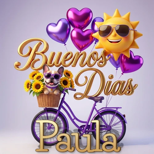 Bicicleta morada con cesta de girasoles y perrito, globos corazón, sol sonriente, nombre grande dorado abajo. Nombre personalizado: Paula. Bicicleta morada con cesta de girasoles y perrito, globos corazón, sol sonriente, nombre grande dorado abajo. Nombre personalizado: Paula.