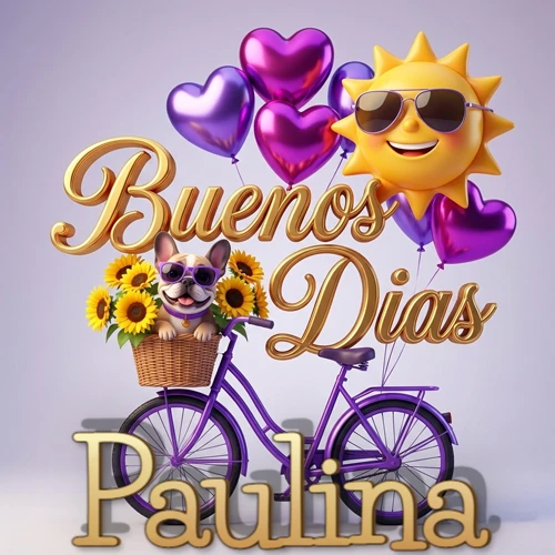 Bicicleta morada con cesta de girasoles y perrito, globos corazón, sol sonriente, nombre grande dorado abajo. Nombre personalizado: Paulina.