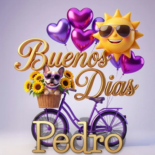 Bicicleta morada con cesta de girasoles y perrito, globos corazón, sol sonriente, nombre grande dorado abajo. Nombre personalizado: Pedro.