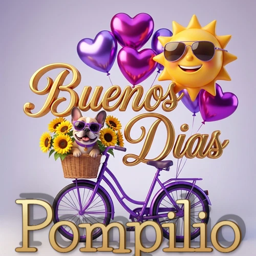 Bicicleta morada con cesta de girasoles y perrito, globos corazón, sol sonriente, nombre grande dorado abajo. Nombre personalizado: Pompilio.