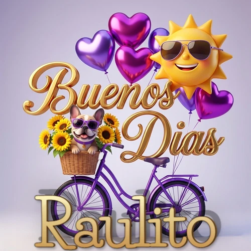 Bicicleta morada con cesta de girasoles y perrito, globos corazón, sol sonriente, nombre grande dorado abajo. Nombre personalizado: Raulito. Bicicleta morada con cesta de girasoles y perrito, globos corazón, sol sonriente, nombre grande dorado abajo. Nombre personalizado: Raulito.