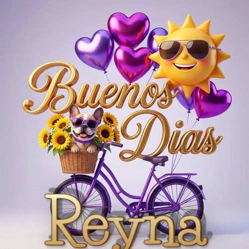 Bicicleta morada con cesta de girasoles y perrito, globos corazón, sol sonriente, nombre grande dorado abajo. Nombre personalizado: Reyna.