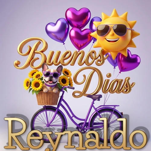 Bicicleta morada con cesta de girasoles y perrito, globos corazón, sol sonriente, nombre grande dorado abajo. Nombre personalizado: Reynaldo.