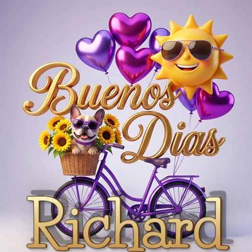 Bicicleta morada con cesta de girasoles y perrito, globos corazón, sol sonriente, nombre grande dorado abajo. Nombre personalizado: Richard.