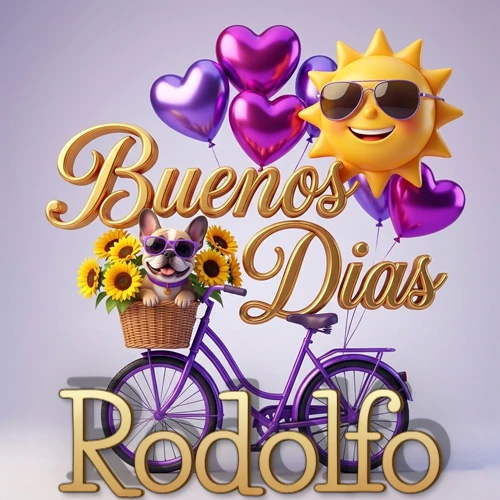 Bicicleta morada con cesta de girasoles y perrito, globos corazón, sol sonriente, nombre grande dorado abajo. Nombre personalizado: Rodolfo.
