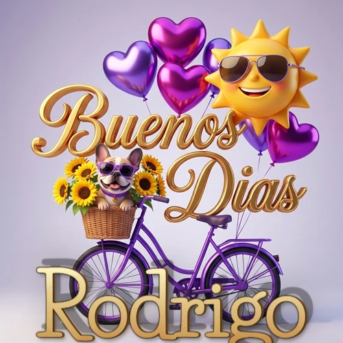 Bicicleta morada con cesta de girasoles y perrito, globos corazón, sol sonriente, nombre grande dorado abajo. Nombre personalizado: Rodrigo.