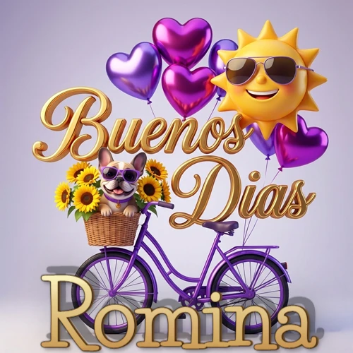 Bicicleta morada con cesta de girasoles y perrito, globos corazón, sol sonriente, nombre grande dorado abajo. Nombre personalizado: Romina.