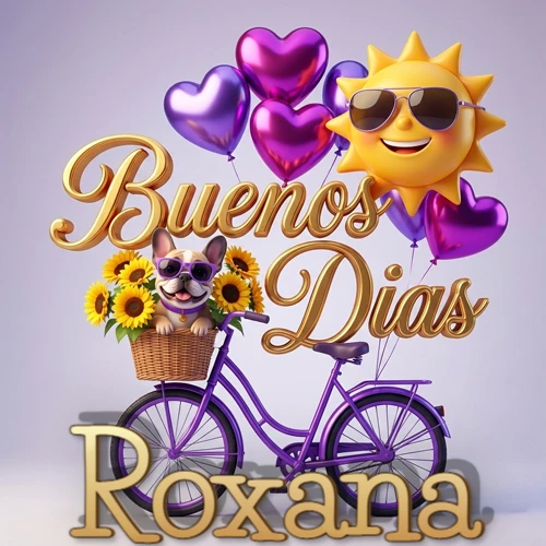 Bicicleta morada con cesta de girasoles y perrito, globos corazón, sol sonriente, nombre grande dorado abajo. Nombre personalizado: Roxana. Bicicleta morada con cesta de girasoles y perrito, globos corazón, sol sonriente, nombre grande dorado abajo. Nombre personalizado: Roxana.