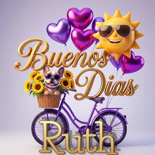 Bicicleta morada con cesta de girasoles y perrito, globos corazón, sol sonriente, nombre grande dorado abajo. Nombre personalizado: Ruth.