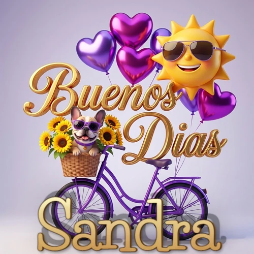 Bicicleta morada con cesta de girasoles y perrito, globos corazón, sol sonriente, nombre grande dorado abajo. Nombre personalizado: Sandra.